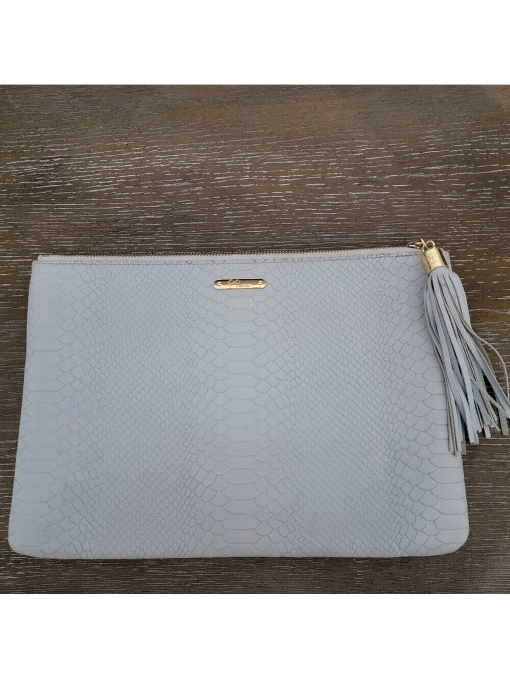 GiGi New York Leather Clutch Heather Gray Python Embossed Large